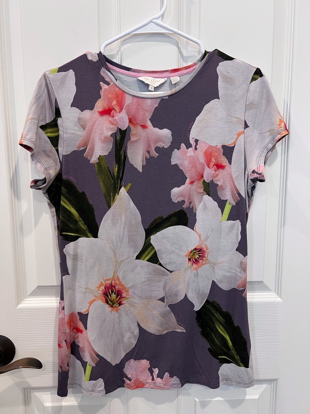 Ted Baker Short Sleeve T Shirt Purple with Pink & White Blooms
